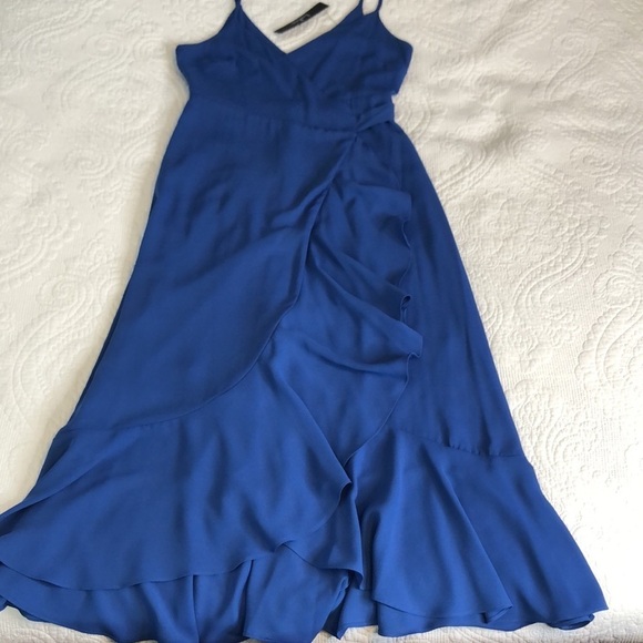 Lulus Manhattan Moment Blue Ruffled Midi Wrap Dress Size XS - Picture 9 of 13